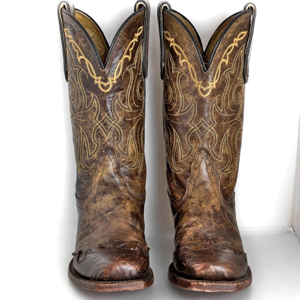 Tony Lama Western Embroidered Boots Womens Size 5 Brown and Mustard Yellow